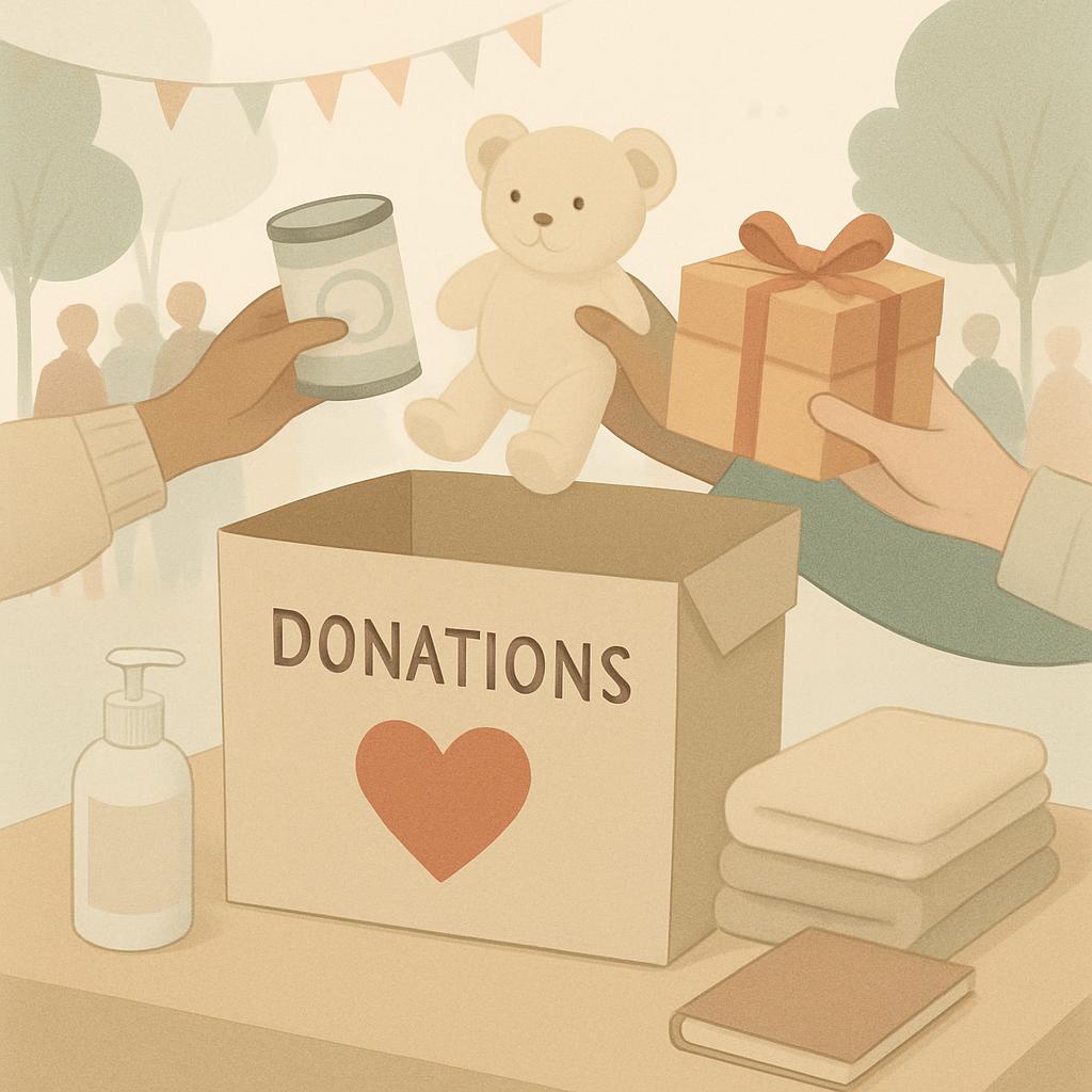 Illustration of a donation station set-up with cardboard box, folded apples, soup canned, sanitiser, gift box and a teddy ...