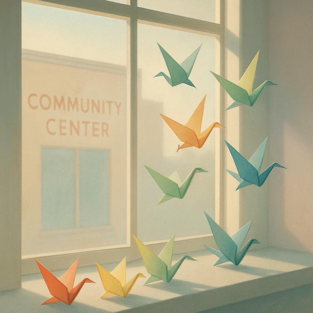Origami paper cranes in a community center window.